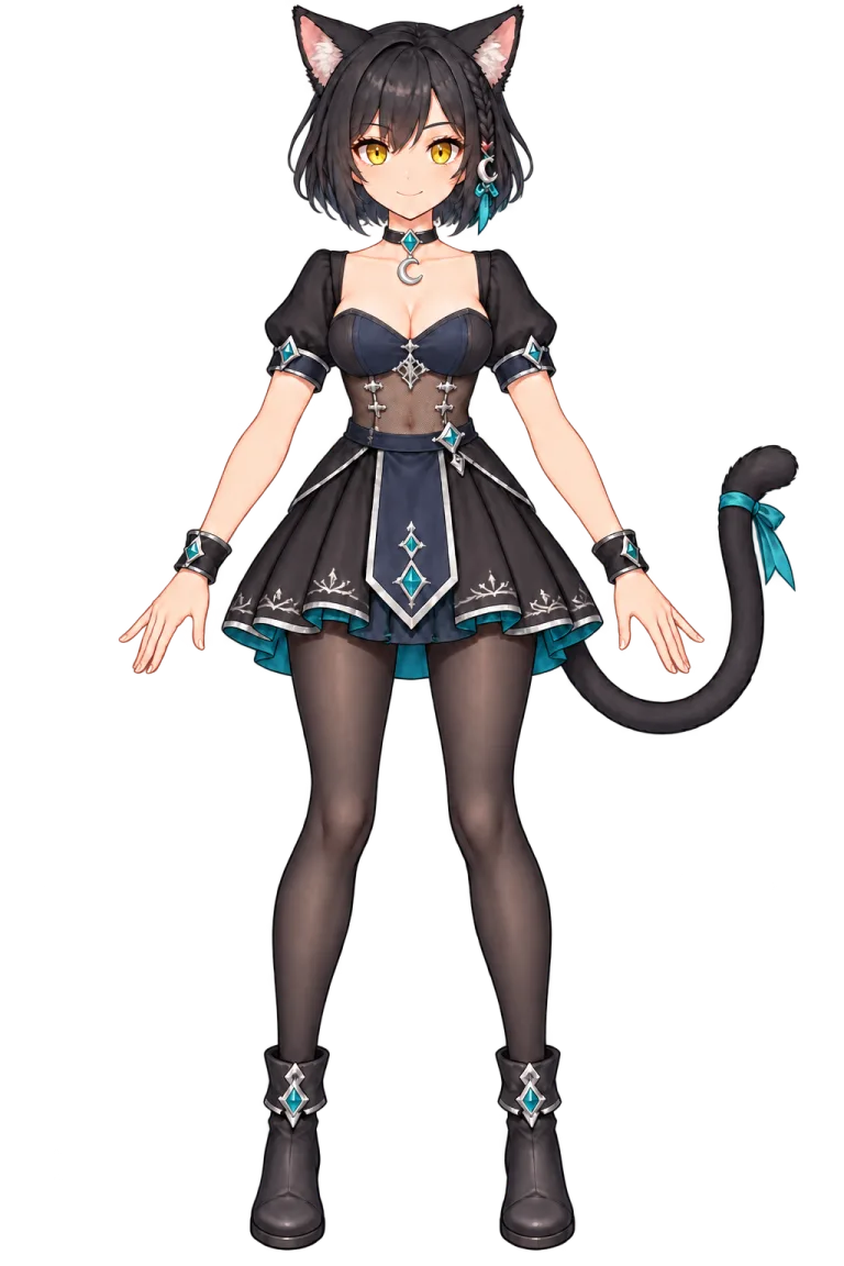 ネルの立ち絵。黒髪に猫耳としっぽ、琥珀色の瞳、水色の飾りのある黒いドレス